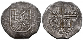 Philip II (1556-1598). 8 reales. 1590. Sevilla. (Cal-728). Ag. 26,20 g. Vertical date to the right of shield. "Square d" assayer. Full date. Choice F....