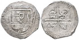 Philip II (1556-1598). 8 reales. 1597. Sevilla. B. (Cal-744). Ag. 27,10 g. OMNIVM type. Date on reverse. Light double strike. A few specimens known. V...