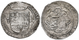 Philip II (1556-1598). 8 reales. ND. Toledo. M. (Cal-746). Ag. 23,57 g. Shield between M/T - VIII. Rare. VF. Est...600,00. 

Spanish description: Fe...