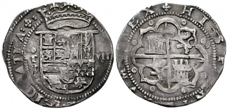 Philip II (1556-1598). 8 reales. ND. Toledo. M. (Cal-748). Ag. 23,16 g. Shield b...