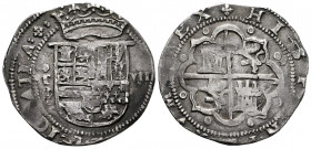 Philip II (1556-1598). 8 reales. ND. Toledo. M. (Cal-748). Ag. 23,16 g. Shield between T/M - VIII. Tone. Scarce. Choice VF. Est...500,00. 

Spanish ...