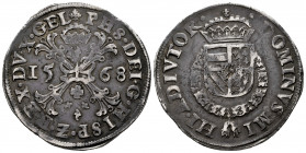 Philip II (1556-1598). 1 escudo of Burgundy. 1568. Nimega. (Tauler-1281). (Vti-1311). (Vanhoudt-290.NIJ). Ag. 29,14 g. Patina. Faint scratches. Rare. ...