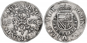 Philip II (1556-1598). 1 escudo of Burgundy. 1568. Utrecht. (Tauler-1291). (Vti-1323). (Vanhoudt-290.UT). Ag. 28,89 g. Variant by retrograde mintmark,...