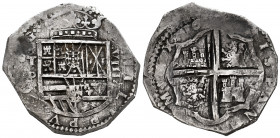 Philip III (1598-1621). 8 reales. (1615-21). Toledo. P. (Cal-type 173). Ag. 27,38 g. The first two digits of the date visible. Rare. VF. Est...300,00....