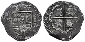 Philip III (1598-1621). 8 reales. 1621. Madrid. V. (Cal-869). Ag. 27,28 g. Particular countermark on obverse: Shield with A over cross and C in the sp...