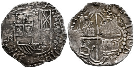Philip III (1598-1621). 8 reales. ND. Potosí. R. (Cal-912). Ag. 26,90 g. Value VIII. King´s name visible. Light double strike. Toned. Scarce in this g...