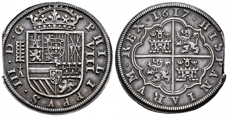 Philip III (1598-1621). 8 reales. 1617. Segovia. A. (Cal-948). Ag. 26,70 g. Aque...