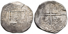 Philip III (1598-1621). 8 reales. (16)00. Valladolid. D. (Cal-994, plate coin). Ag. 27,25 g. OMNIVM type. Planchet crack. The last two digits of the d...