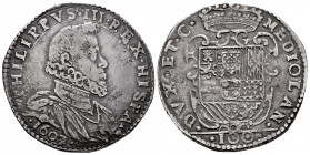 Philip III (1598-1621). 1 felipe of 100 sueldos. 1607. Milano. (Tauler-1788). (Vti-29). (Mir-343/4). Ag. 27,32 g. Beautiful patina. Extremely rare. VF...