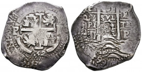 Philip IV (1621-1665). 8 reales. 1662. Potosí. E. (Cal-1526). Ag. 26,75 g. Triple date, one partially visible and triple assayer. Reverse countermarke...