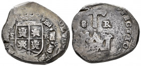 Charles II (1665-1700). 8 reales. (1699). Madrid. BR. (Cal-613). Ag. 21,45 g. "Maria" type. Value 8-R. Date not visible. Scratches to remove solder re...