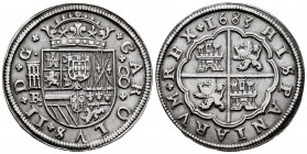 Charles II (1665-1700). 8 reales. 1683. Segovia. BR. (Cal-767 var). Ag. 26,53 g. No fleuron after the date. Scarce. Ex Áureo June 1991, lot 462. Almos...
