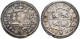 Charles II (1665-1700). 8 reales. 1697. Segovia. F. (Cal-773). Ag. 26,68 g. Attractive patina with slight bluish tones. Defect on the edge. Very rare....