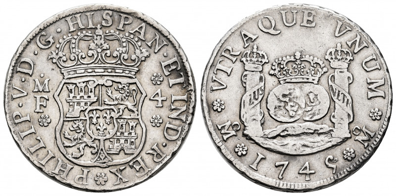 Philip V (1700-1746). 4 reales. 1745. Mexico. MF. (Cal-1132). Ag. 13,36 g. Choic...