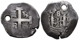 Philip V (1700-1746). 8 reales. 1726. Lima. M. (Cal-1299). Ag. 26,21 g. Holed. Choice F. Est...150,00. 

Spanish description: Felipe V (1700-1746). ...
