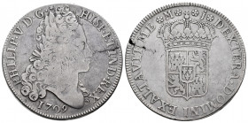 Philip V (1700-1746). 8 reales. 1709. Madrid. J. (Cal-1335). Ag. 26,53 g. Matching reverse. The only "real de a ocho" with a bust of the monarch in a ...