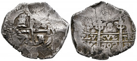 Philip V (1700-1746). 8 reales. 1702. Potosí. Y. (Cal-1536). Ag. 26,97 g. Double assayer. Almost VF/VF. Est...300,00. 

Spanish description: Felipe ...