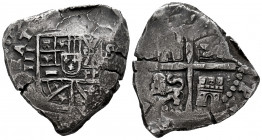 Philip V (1700-1746). 8 reales. (1704). Sevilla. (M). (Cal-1602). Ag. 26,25 g. The back of the last digit is visible. Roman value vertically to the le...