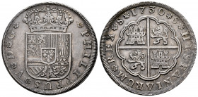 Philip V (1700-1746). 8 reales. 1730. Sevilla. (Cal-1622). Ag. 26,94 g. Without value and assayer indication. A good sample. Rare. Choice VF/Almost XF...