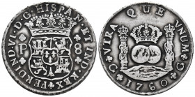 Ferdinand VI (1746-1759). 8 reales. 1760. Guatemala. P. (Cal-438). Ag. 26,73 g. Plugged hole. Very scarce. VF. Est...500,00. 

Spanish description: ...