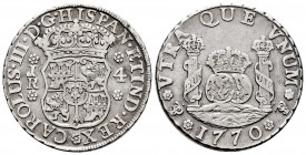Charles III (1759-1788). 4 reales. 1770/69. Potosí. JR. (Cal-927). Ag. 13,21 g. Weakly struck but visible overdate. Scarce. Choice VF. Est...300,00. ...