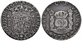 Charles III (1759-1788). 8 reales. 1771. Guatemala. P. (Cal-1004). Ag. 26,83 g. Patina. Minor nicks. Rare. VF. Est...600,00. 

Spanish description: ...