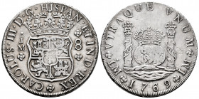 Charles III (1759-1788). 8 reales. 1769. Lima. JM. (Cal-1029). Ag. 26,72 g. Graffiti on reverse. Two royal crowns above the columns. Choice VF. Est......