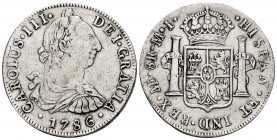 Charles III (1759-1788). 8 reales. 1786. Lima. MI. (Cal-1055). Ag. 26,90 g. VF. Est...180,00. 

Spanish description: Carlos III (1759-1788). 8 reale...