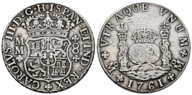 Charles III (1759-1788). 8 reales. 1761. Mexico. MM. (Cal-1075). Ag. 26,78 g. Cross between H and I. Scratches. Almost VF. Est...350,00. 

Spanish d...
