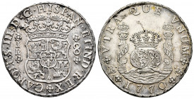 Charles III (1759-1788). 8 reales. 1770. Potosí. JR. (Cal-1168). Ag. 26,83 g. A very good sample. Scarce in this grade. XF/Almost XF. Est...700,00. 
...