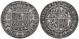 Charles III (1759-1788). 8 reales. 1762. Sevilla. JV. (Cal-1228). Ag. 26,90 g. Minor nick on edge. Scarce. Choice VF. Est...800,00. 

Spanish descri...