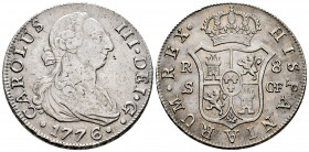 Charles III (1759-1788). 8 reales. 1776/5. Sevilla. CF. (Cal-1233). Ag. 26,93 g. Rare, only one other known specimen with an overdate. Choice VF. Est....