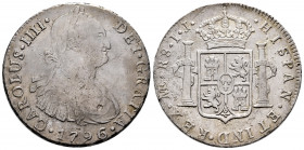 Charles IV (1788-1808). 8 reales. 1796. Lima. IJ. (Cal 2008-unlisted). (Cal 2019-97). (Km-97). Ag. 26,52 g. R8 Value instead of 8R. A few specimens kn...