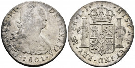 Charles IV (1788-1808). 8 reales. 1801. Lima. IJ. (Cal-919). Ag. 27,01 g. Original luster. Choice VF/Almost XF. Est...90,00. 

Spanish description: ...