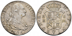 Charles IV (1788-1808). 8 reales. 1805. Madrid. FA. (Cal-943). Ag. 26,37 g. Rust on obverse. Scarce. Choice VF. Est...250,00. 

Spanish description:...