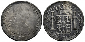 Charles IV (1788-1808). 8 reales. 1798. Mexico. FM. (Cal-961). Ag. 26,95 g. Knock on edge. Toned. Almost VF/VF. Est...40,00. 

Spanish description: ...