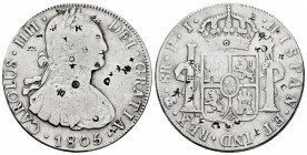 Charles IV (1788-1808). 8 reales. 1805. Potosí. PJ. (Cal-983). Ag. 26,83 g. Chop marks. Choice F. Est...80,00. 

Spanish description: Carlos IV (178...