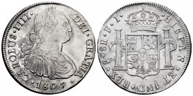 Charles IV (1788-1808). 8 reales. 1807. Santiago. FJ. (Cal-1048). Ag. 27,07 g. A good sample. Rare. Choice VF. Est...750,00. 

Spanish description: ...
