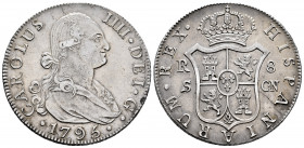 Charles IV (1788-1808). 8 reales. 1795. Sevilla. CN. (Cal-1057). Ag. 27,10 g. Good specimen. Very scarce. Ex Aureo 15/03/2007, lot 1332. Choice VF. Es...