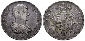 Ferdinand VII (1808-1833). 8 reales. 1809. Cataluña (Minted in Reus). MP. (Cal-1156). Ag. 26,84 g. Draped bust. Patina. Very rare. Choice VF. Est...10...