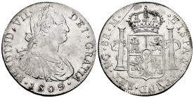 Ferdinand VII (1808-1833). 8 reales. 1809. Guatemala. M. (Cal-1221). Ag. 26,97 g. Scratch on reverse. Original luster. Scarce in this grade. XF. Est.....