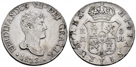 Ferdinand VII (1808-1833). 8 reales. 1813. Madrid. IJ/IG. (Cal-1263 var). Ag. 26,85 g. Bare bust. Slightly cleaned. Rectified assayer mark. Faint scra...