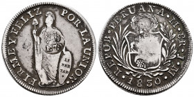 Ferdinand VII (1808-1833). 8 reales. 1830. Lima. JM. (Cal-1305 similar). Ag. 26,55 g. F7º crowned countermark. VF. Est...250,00. 

Spanish descripti...