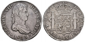 Ferdinand VII (1808-1833). 8 reales. 1823. Potosí. PJ. (Cal-1388). Ag. 26,92 g. Minor nicks on edge. Choice VF. Est...150,00. 

Spanish description:...