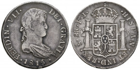 Ferdinand VII (1808-1833). 8 reales. 1815. Santiago. FJ. (Cal-1408). Ag. 26,73 g. Very scarce. Almost VF. Est...300,00. 

Spanish description: Ferna...