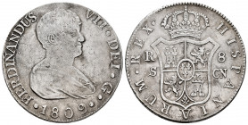 Ferdinand VII (1808-1833). 8 reales. 1809. Sevilla. CN. (Cal-1412). Ag. 26,83 g. Cleaned. Hairlines. Almost VF. Est...150,00. 

Spanish description:...