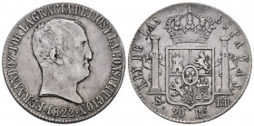 Ferdinand VII (1808-1833). 8 reales. 1822. Sevilla. RD. (Cal-1422). Ag. 27,03 g. "Cabezon" type. Very scarce. VF. Est...300,00. 

Spanish descriptio...