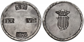 Ferdinand VII (1808-1833). 5 pesetas. 1809. Tarragona. (Cal-1429). Ag. 26,10 g. VF. Est...180,00. 

Spanish description: Fernando VII (1808-1833). 5...