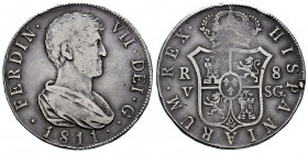 Ferdinand VII (1808-1833). 8 reales. 1811. Valencia. SG. (Cal-1438). Ag. 26,83 g. Nicks on edge. Very scarce. VF. Est...350,00. 

Spanish descriptio...