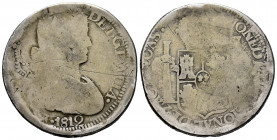 Ferdinand VII (1808-1833). 8 reales. 1812. Zacatecas. (Cal-1449). Ag. 26,74 g. Armed bust. Provisional coin. Minted on an earlier coin, details of the...